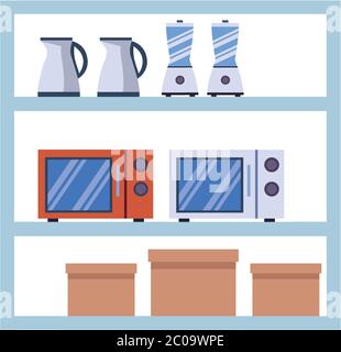 shelving with kitchen appliances and boxes carton vector illustration design Stock Vector