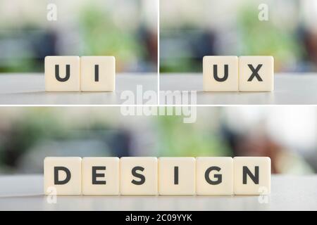 collage of white blocks with ui, ux, design lettering on office desk Stock Photo