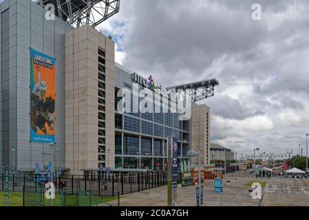 Side view of NRG Stadium looking down to the awnings and Concession Stands for People visiting the Houston Livestock and Rodeo Show. Stock Photo