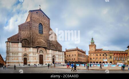 Bologna, Italy, September 20, 2015: Panoramic view of Piazza Maggiore - central square in Bologna, Italy and Basilica di San Petronio Stock Photo