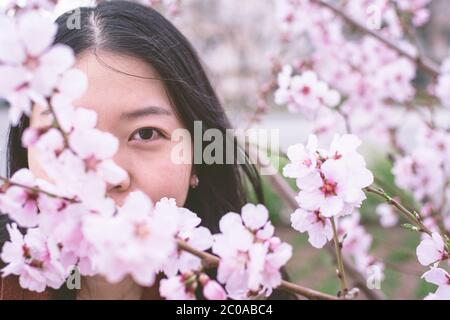 Portrait Of An Asian Woman's Face Partially Hidden By Cherry Blossoms