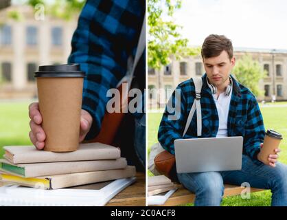 collage of handsome student using laptop and holding paper cups near books, online study concept Stock Photo