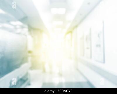 Long hospital hallway, background unfocused. luxury modern hospital plain background. Stock Photo