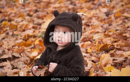 Baby Making Faces Playing In Autumn Leaves Stock Photo