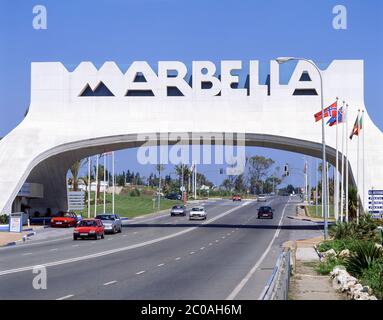 City entrance sign, Marbella, Costa del Sol, Malaga Province, Andalucia (Andalusia), Kingdom of Spain Stock Photo