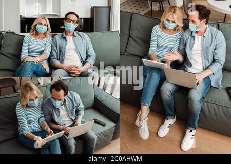 Collage of mature couple in medical masks using digital devices on couch at home Stock Photo
