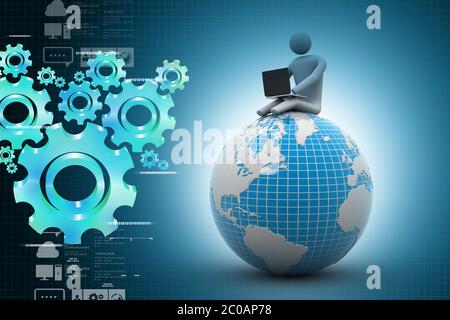man sitting on globe with the Laptop. On Top of the World. Stock Photo