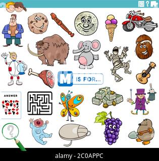 Cartoon Illustration of Finding Picture Starting with Letter M Educational Task Worksheet for Children with Objects and Comic Characters Stock Vector