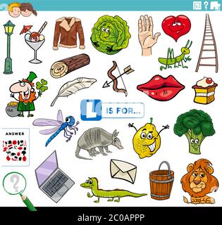 Cartoon Illustration of Finding Picture Starting with Letter L Educational Task Worksheet for Children with Objects and Comic Characters Stock Vector