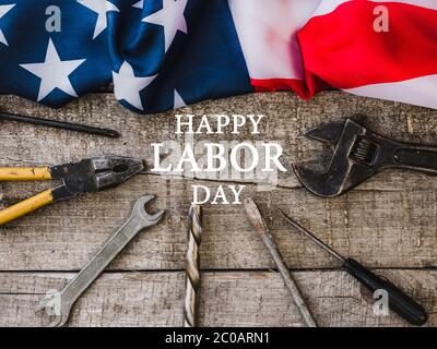 LABOR DAY. Hand tools lying on the table Stock Photo