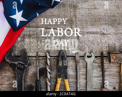 LABOR DAY. Hand tools lying on the table Stock Photo