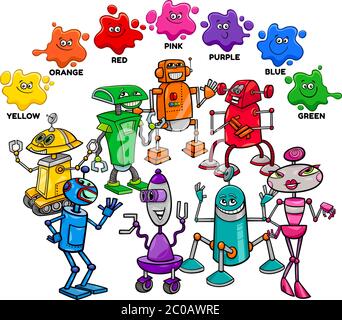 Educational Cartoon Illustration of Basic Colors with Robots and Droids Characters Group Stock Vector