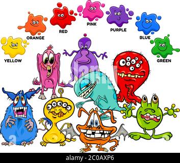 Educational Cartoon Illustration of Basic Colors with Fantasy Monsters Characters Group Stock Vector