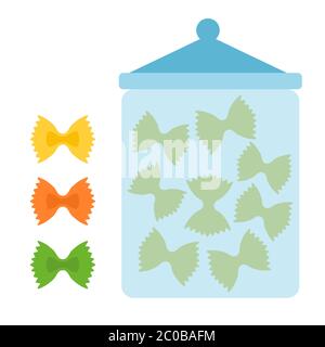 Pasta in the shape of bows inside the can and nearby Pasta ingredients flat icon vector isolated. Stock Vector
