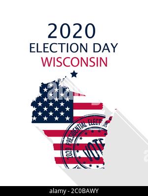 2020 United States of America Presidential Election Wisconsin state vector template.  USA flag, vote stamp and Wisconsin silhouette Stock Vector