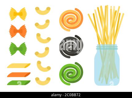 Assortment dry pasta types flat design vector illustration. Stock Vector