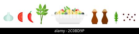 Set ingredients for cooking pasta vector icons in flat style. Stock Vector