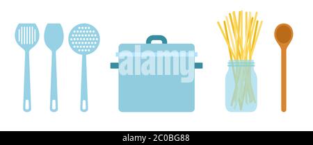 Set utensil for cooking spaghetti vector flat illustration. Stock Vector