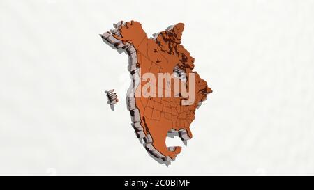 map of North America made by 3D illustration of a shiny metallic sculpture on a wall with light background Stock Photo