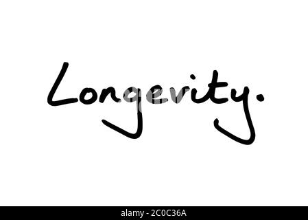 The word Longevity handwritten on a white background. Stock Photo