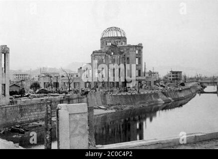 [ 1945 Japan - Atomic Bombing of Hiroshima ] — US military archival photo of the aftermath of the atomic bombing of Hiroshima, ca. 1945 (Showa 20).  This building is now known as the Atomic Bomb Dome.  The 6 August 1945 (Showa 20) nuclear explosion that devastated Hiroshima found place almost directly above the building. Now an important Hiroshima Peace Memorial, it was registered on the UNESCO World Heritage List in December 1996 (Heisei 8).  Warning: clear, but slightly out of focus.  20th century vintage gelatin silver print. Stock Photo