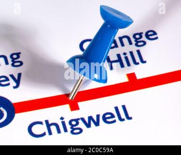 London, UK - June 10th 2020: A map pin marking the location of Chigwell Station on a London Underground tube Map Stock Photo