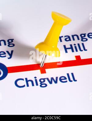 London, UK - June 10th 2020: A map pin marking the location of Chigwell Station on a London Underground tube Map Stock Photo