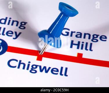 London, UK - June 10th 2020: A map pin marking the location of Chigwell Station on a London Underground tube Map Stock Photo