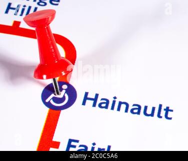 London, UK - June 10th 2020: A map pin marking the location of Hainault Station on a London Underground tube Map Stock Photo