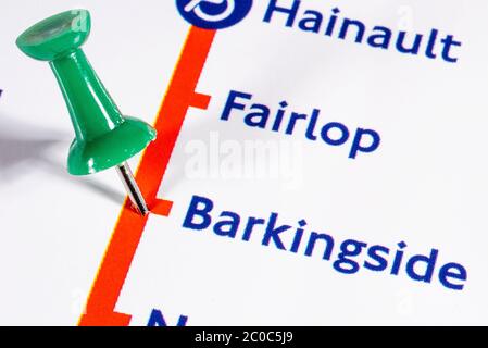 London, UK - June 10th 2020: A map pin marking the location of Barkingside Station on a London Underground tube Map Stock Photo