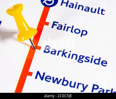 London, UK - June 10th 2020: A map pin marking the location of Barkingside Station on a London Underground tube Map Stock Photo