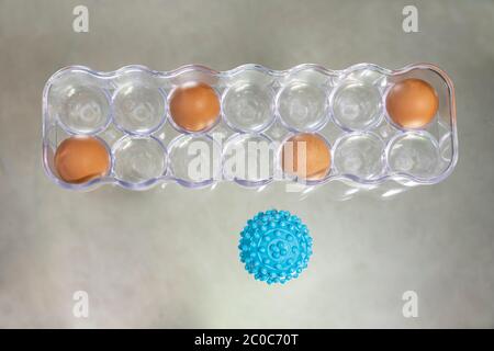 New normal concept. Word with eggs in a box. Virus picture. Stock Photo