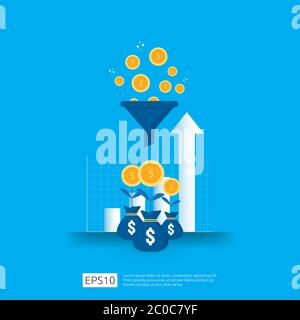 information data collection of filter concept with funnel, money, and graph object element. digital marketing analysis for business strategy concept. Stock Vector