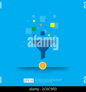 information data collection of filter concept with funnel, money, and graph object element. digital marketing analysis for business strategy concept. Stock Vector