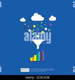 information data collection of filter concept with funnel, money, and graph object element. digital marketing analysis for business strategy concept. Stock Vector
