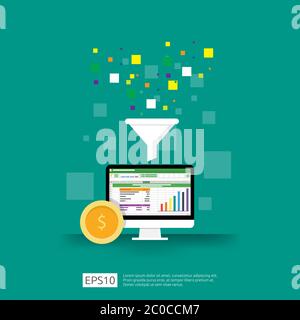 information data collection of filter concept with funnel, money, and graph object element. digital marketing analysis for business strategy concept. Stock Vector