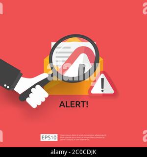 email envelope attention warning attacker alert sign with exclamation mark. internet danger concept. shield line icon for VPN. Technology cyber securi Stock Vector