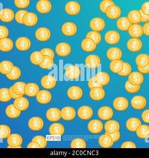 yellow gold coins with dollar sign falling down. dropping golden money rain. Business success with blue background. Flat style vector illustration. Stock Vector