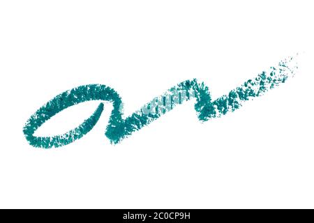 Eyeliner swatch stroke isolated on white background. Eye pencil green color texture. Turquoise eye liner trace. Stock Photo