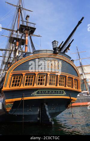 HMS Surprise wooden tall ship in San Diego, used for Master and Commander movie Stock Photo