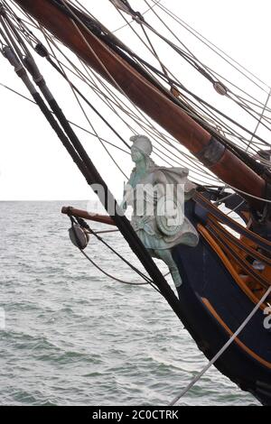 Figurehead of HMS Surprise wooden tall ship in San Diego, used for Master and Commander movie Stock Photo