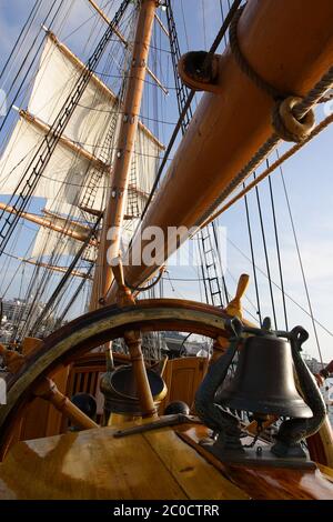 Steering wheel and a mast of Star of India tall ship museum in San Diego Stock Photo