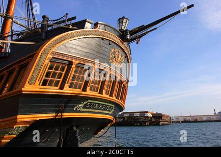 HMS Surprise wooden tall ship in San Diego, used for Master and Commander movie Stock Photo