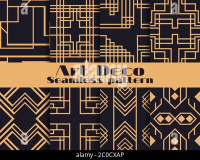 Art deco set of seamless pattern. Retro backgrounds, gold and black color. Style 1920's, 1930's. Lines and geometric shapes. Vector illustration Stock Vector