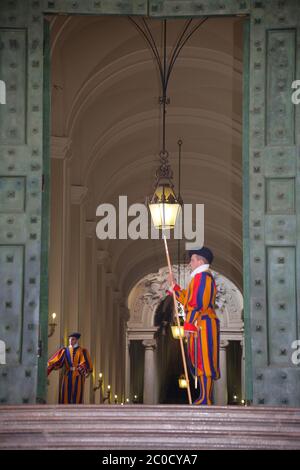 Pontifical (Papal) Swiss Guards at St.Peter's Basilica in Vatican, Rome Stock Photo