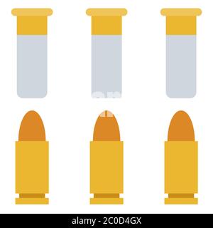 Set of six elements, cartridge for a pump-action shotgun, pistol vector icon flat isolated. Stock Vector