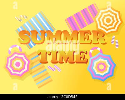 Summer time banner, beach top view. Beach umbrella and towel on the sand. Vector illustration Stock Vector