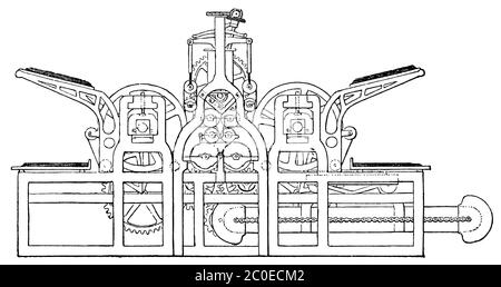 Koenig's 1814 steam-powered printing press. Illustration of the 19th century. White background. Stock Photo