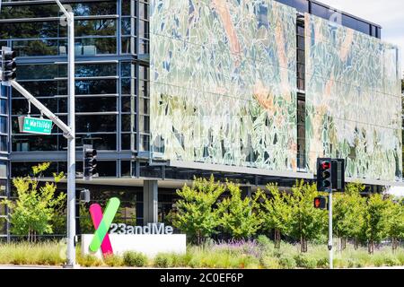 June 10, 2020 Sunnyvale / CA / USA - The new 23andme headquarters in Silicon Valley; Based on a saliva sample, 23andMe provides reports about the cust Stock Photo