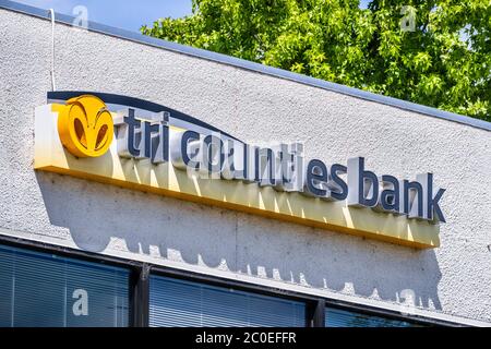 June 10, 2020 Sunnyvale / CA / USA - Close up of Tri Counties Bank logo; Tri Counties Bank is a full-service bank that bank accepts deposits, makes lo Stock Photo